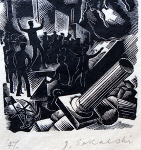 SCOTTISH ART. Rare Original 1947 Wood Engraving by Jozef Sekalski. Design for a Christmas Card Entitled "Boogie Woogie". Pencil Signed
