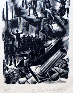 SCOTTISH ART. Rare Original 1947 Wood Engraving by Jozef Sekalski. Design for a Christmas Card Entitled "Boogie Woogie". Pencil Signed