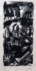 SCOTTISH ART. Rare Original 1947 Wood Engraving by Jozef Sekalski. Design for a Christmas Card Entitled "Boogie Woogie". Pencil Signed