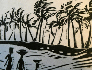1960s Linocut by Marie Whitby. Sakumono Beach. Signed and Dated 1963