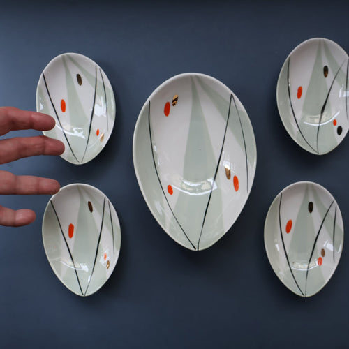1970s Soviet LATVIA Riga Porcelain Serving Bowl & Four Small Matching Dishes