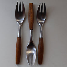 Load image into Gallery viewer, 1950s. Set of Three Vintage DANSK Fjord Pattern Three-Prong Pastry Forks. Stainless Steel with Teak Handles. 6 1/2 inches

