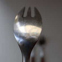 Load image into Gallery viewer, 1950s. Set of Three Vintage DANSK Fjord Pattern Three-Prong Pastry Forks. Stainless Steel with Teak Handles. 6 1/2 inches
