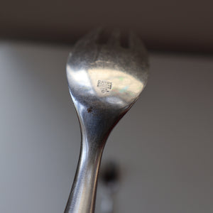 1950s. Set of Three Vintage DANSK Fjord Pattern Three-Prong Pastry Forks. Stainless Steel with Teak Handles. 6 1/2 inches