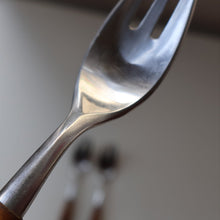 Load image into Gallery viewer, 1950s. Set of Three Vintage DANSK Fjord Pattern Three-Prong Pastry Forks. Stainless Steel with Teak Handles. 6 1/2 inches
