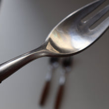 Load image into Gallery viewer, 1950s. Set of Three Vintage DANSK Fjord Pattern Three-Prong Pastry Forks. Stainless Steel with Teak Handles. 6 1/2 inches

