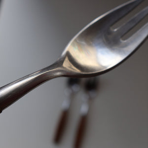 1950s. Set of Three Vintage DANSK Fjord Pattern Three-Prong Pastry Forks. Stainless Steel with Teak Handles. 6 1/2 inches