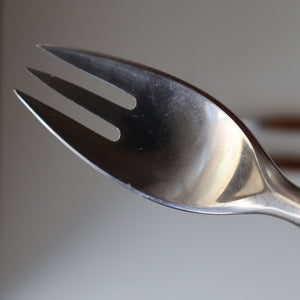1950s. Set of Three Vintage DANSK Fjord Pattern Three-Prong Pastry Forks. Stainless Steel with Teak Handles. 6 1/2 inches