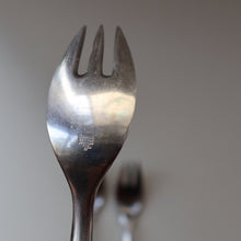 Load image into Gallery viewer, 1950s. Set of Three Vintage DANSK Fjord Pattern Three-Prong Pastry Forks. Stainless Steel with Teak Handles. 6 1/2 inches
