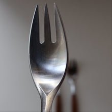 Load image into Gallery viewer, 1950s. Set of Three Vintage DANSK Fjord Pattern Three-Prong Pastry Forks. Stainless Steel with Teak Handles. 6 1/2 inches
