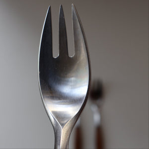 1950s. Set of Three Vintage DANSK Fjord Pattern Three-Prong Pastry Forks. Stainless Steel with Teak Handles. 6 1/2 inches