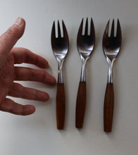 Load image into Gallery viewer, 1950s. Set of Three Vintage DANSK Fjord Pattern Three-Prong Pastry Forks. Stainless Steel with Teak Handles. 6 1/2 inches
