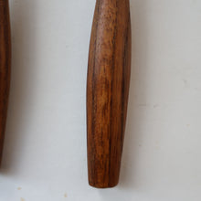 Load image into Gallery viewer, 1950s. Set of Three Vintage DANSK Fjord Pattern Three-Prong Pastry Forks. Stainless Steel with Teak Handles. 6 1/2 inches
