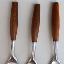 Load image into Gallery viewer, 1950s. Set of Three Vintage DANSK Fjord Pattern Three-Prong Pastry Forks. Stainless Steel with Teak Handles. 6 1/2 inches
