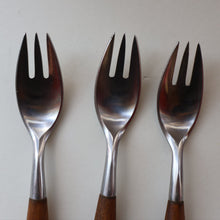 Load image into Gallery viewer, 1950s. Set of Three Vintage DANSK Fjord Pattern Three-Prong Pastry Forks. Stainless Steel with Teak Handles. 6 1/2 inches

