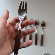 Load image into Gallery viewer, 1950s. Set of Six Vintage DANSK Fjord Pattern Three-Prong Pastry Forks. Stainless Steel with Teak Handles. 6 1/2 inches
