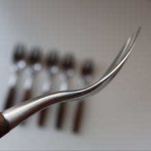 Load image into Gallery viewer, 1950s. Set of Six Vintage DANSK Fjord Pattern Three-Prong Pastry Forks. Stainless Steel with Teak Handles. 6 1/2 inches
