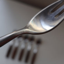Load image into Gallery viewer, 1950s. Set of Six Vintage DANSK Fjord Pattern Three-Prong Pastry Forks. Stainless Steel with Teak Handles. 6 1/2 inches
