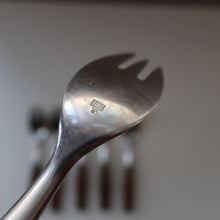 Load image into Gallery viewer, 1950s. Set of Six Vintage DANSK Fjord Pattern Three-Prong Pastry Forks. Stainless Steel with Teak Handles. 6 1/2 inches
