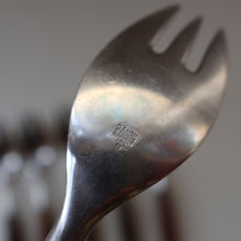 Load image into Gallery viewer, 1950s. Set of Six Vintage DANSK Fjord Pattern Three-Prong Pastry Forks. Stainless Steel with Teak Handles. 6 1/2 inches
