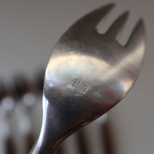 1950s. Set of Six Vintage DANSK Fjord Pattern Three-Prong Pastry Forks. Stainless Steel with Teak Handles. 6 1/2 inches