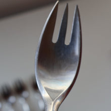 Load image into Gallery viewer, 1950s. Set of Six Vintage DANSK Fjord Pattern Three-Prong Pastry Forks. Stainless Steel with Teak Handles. 6 1/2 inches
