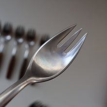 Load image into Gallery viewer, 1950s. Set of Six Vintage DANSK Fjord Pattern Three-Prong Pastry Forks. Stainless Steel with Teak Handles. 6 1/2 inches

