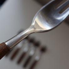 Load image into Gallery viewer, 1950s. Set of Six Vintage DANSK Fjord Pattern Three-Prong Pastry Forks. Stainless Steel with Teak Handles. 6 1/2 inches
