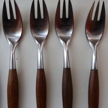 Load image into Gallery viewer, 1950s. Set of Six Vintage DANSK Fjord Pattern Three-Prong Pastry Forks. Stainless Steel with Teak Handles. 6 1/2 inches
