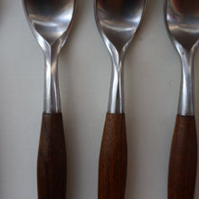 Load image into Gallery viewer, 1950s. Set of Six Vintage DANSK Fjord Pattern Three-Prong Pastry Forks. Stainless Steel with Teak Handles. 6 1/2 inches
