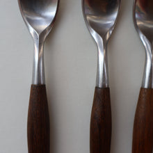 Load image into Gallery viewer, 1950s. Set of Six Vintage DANSK Fjord Pattern Three-Prong Pastry Forks. Stainless Steel with Teak Handles. 6 1/2 inches
