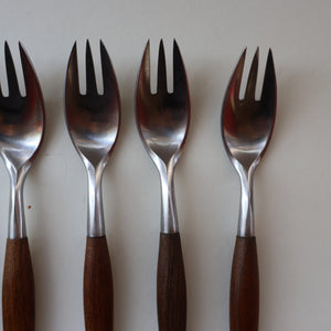 1950s. Set of Six Vintage DANSK Fjord Pattern Three-Prong Pastry Forks. Stainless Steel with Teak Handles. 6 1/2 inches