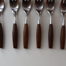 Load image into Gallery viewer, 1950s. Set of Six Vintage DANSK Fjord Pattern Three-Prong Pastry Forks. Stainless Steel with Teak Handles. 6 1/2 inches
