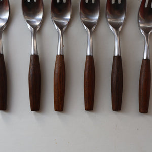 1950s. Set of Six Vintage DANSK Fjord Pattern Three-Prong Pastry Forks. Stainless Steel with Teak Handles. 6 1/2 inches