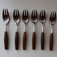 Load image into Gallery viewer, 1950s. Set of Six Vintage DANSK Fjord Pattern Three-Prong Pastry Forks. Stainless Steel with Teak Handles. 6 1/2 inches
