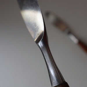 1950s. Pair of Vintage DANSK Fjord Pattern Dinner Knives. Stainless Steel with Teak Handles. 8 1/4 inches