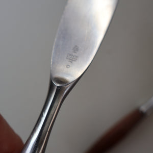 1950s. Pair of Vintage DANSK Fjord Pattern Dinner Knives. Stainless Steel with Teak Handles. 8 1/4 inches