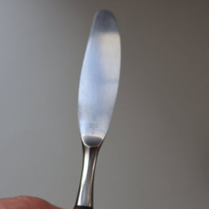 1950s. Set of Six Vintage DANSK Fjord Pattern Dinner Knives. Stainless Steel with Teak Handles. 8 1/4 inches