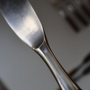 1950s. Pair of Vintage DANSK Fjord Pattern Dinner Knives. Stainless Steel with Teak Handles. 8 1/4 inches