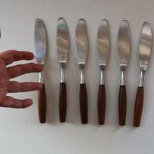 Load image into Gallery viewer, 1950s. Set of Six Vintage DANSK Fjord Pattern Dinner Knives. Stainless Steel with Teak Handles. 8 1/4 inches
