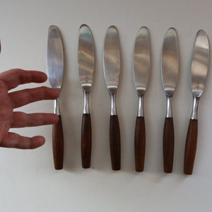 1950s. Set of Six Vintage DANSK Fjord Pattern Dinner Knives. Stainless Steel with Teak Handles. 8 1/4 inches