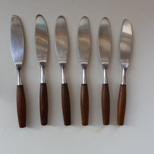Load image into Gallery viewer, 1950s. Set of Six Vintage DANSK Fjord Pattern Dinner Knives. Stainless Steel with Teak Handles. 8 1/4 inches
