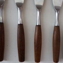 Load image into Gallery viewer, 1950s. Set of Six Vintage DANSK Fjord Pattern Dinner Knives. Stainless Steel with Teak Handles. 8 1/4 inches
