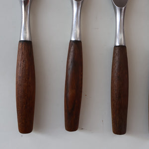 1950s. Set of Six Vintage DANSK Fjord Pattern Dinner Knives. Stainless Steel with Teak Handles. 8 1/4 inches