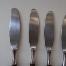 Load image into Gallery viewer, 1950s. Set of Six Vintage DANSK Fjord Pattern Dinner Knives. Stainless Steel with Teak Handles. 8 1/4 inches
