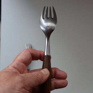 1950s. Pair of Vintage DANSK Fjord Pattern Four-Prong Forks. Stainless Steel with Teak Handles. 7 1/4 inches