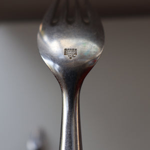 1950s. Pair of Vintage DANSK Fjord Pattern Four-Prong Forks. Stainless Steel with Teak Handles. 7 1/4 inches