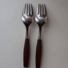 Load image into Gallery viewer, 1950s. Pair of Vintage DANSK Fjord Pattern Four-Prong Forks. Stainless Steel with Teak Handles. 7 1/4 inches
