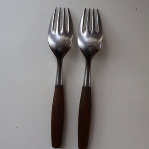 1950s. Pair of Vintage DANSK Fjord Pattern Four-Prong Forks. Stainless Steel with Teak Handles. 7 1/4 inches