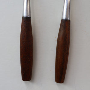 1950s. Pair of Vintage DANSK Fjord Pattern Four-Prong Forks. Stainless Steel with Teak Handles. 7 1/4 inches